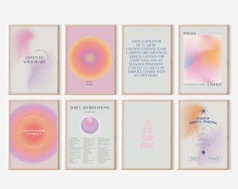 May include: Set of eight printable wall art posters with motivational quotes and abstract designs in pink, purple, and yellow. The quotes include "Listen to your heart", "I don't chase, I attract", "Daily affirmations for self love", "Live in the present moment", "There is space for me to grow", "Stages of spiritual awakening", and "INHALE, EXHALE".