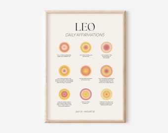Lámina con afirmación del signo zodiacal Leo, arte mural de astrología (descarga digital)