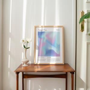 May include: A framed print with a light blue, pink, and purple abstract design. The print has the text "Angel No. 555" at the top.