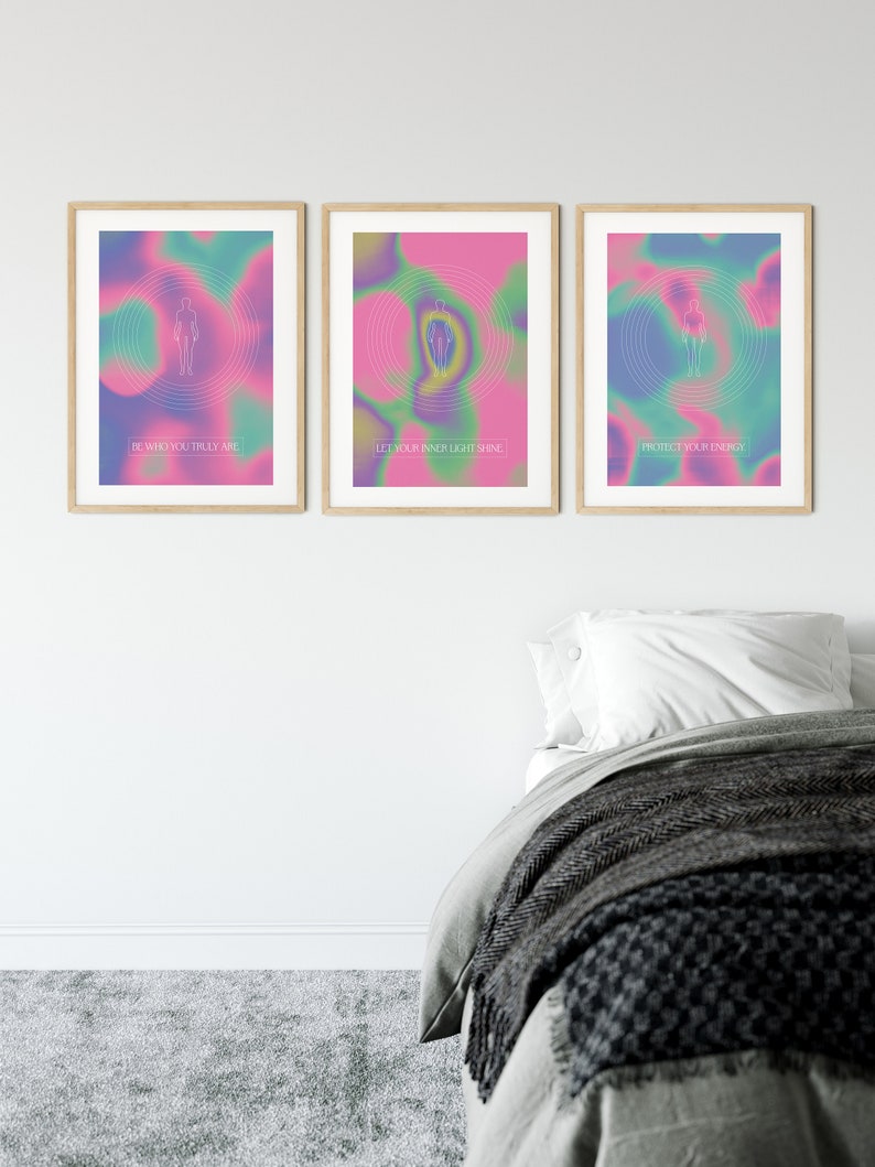 May include: Three framed prints with a holographic background and a white outline of a person. The text on the prints reads "Be who you truly are", "Let your inner light shine", and "Protect your energy".