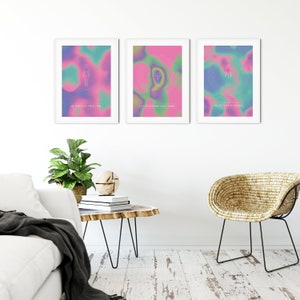 May include: Three framed prints with colorful abstract backgrounds and white outlines of a person. The text on the prints reads "Be who you truly are", "Let your inner light shine", and "Protect your energy".