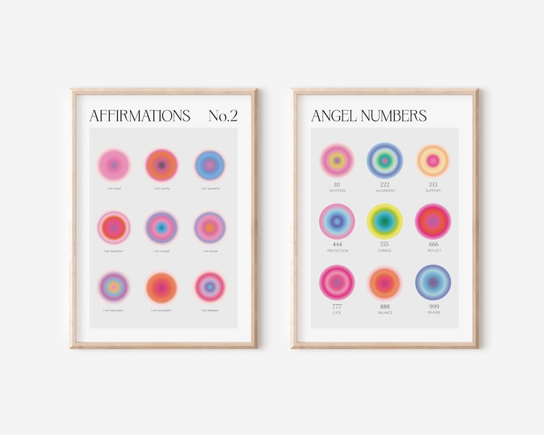 AFFIRMATION WALL ART Set of 2, Angel Numbers Print Set, Spiritual Wall Art, Gradient Wall Art, Aura Poster, Trendy Wall Art 