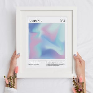 May include: A white framed print with a pink, blue, and purple gradient background. The print features the text "Angel No. 555" at the top and includes a description of the number 5's symbolism and a divine message.