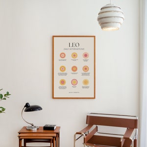 May include: A framed print with the text "LEO DAILY AFFIRMATIONS" and a series of colorful circles. The print is hanging on a white wall in a room with a brown chair and a lamp.