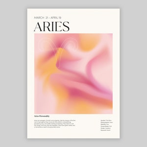 May include: A pink and orange abstract background with a white outline of the Aries zodiac symbol. The text "MARCH 21 - APRIL 19" and "ARIES" is at the top of the page. The text "Aries Personality" is at the bottom of the page, followed by a description of the Aries personality traits. The text "Symbol: The Ram", "Ruling planet: Mars", "Element: Fire", "House Ruled: First", "Mode: Cardinal", "Keyword: Assert" is also at the bottom of the page.