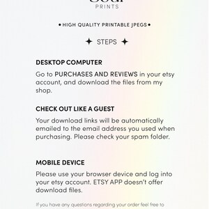 May include: A white background with black text explaining how to download digital files from Etsy. The text includes instructions for both desktop computers and mobile devices. The text also includes the phrase "Sacred Soul Prints".