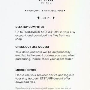 May include: A white background with black text explaining how to download digital files from Etsy. The text includes the words "Sacred Soul Prints", "Purchases and Reviews", "Check Out Like a Guest", "Mobile Device", and "Etsy App".