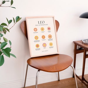 May include: A framed print with the text "LEO DAILY AFFIRMATIONS" and a graphic of 12 orange and yellow circles with text inside each circle. The text at the bottom of the print reads "July 23 - August 22".