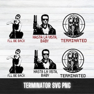 Könnte beinhalten: Schwarz-weiße Grafikdesigns mit Charakteren und Zitaten aus dem Terminator-Filmfanchise. Enthält Bilder einer Frau mit einer Waffe, eines Mannes mit einer Waffe und eines Roboterschädels. Der Text enthält "I'll be back", "Hasta la vista, baby" und "Terminated".