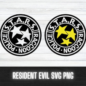 Könnte beinhalten: Zwei schwarze und weiße kreisförmige Logos mit dem Text "S.T.A.R.S. Raccoon City Police" in einem Kreis. Ein Logo hat drei weiße Sterne und das andere drei gelbe Sterne.