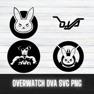 May include: Black and white Overwatch DVA logo with a bunny rabbit head and the text "D.VA" in a circle.  There is also a black and white image of DVA in a mech suit with a bunny rabbit head in her hand.