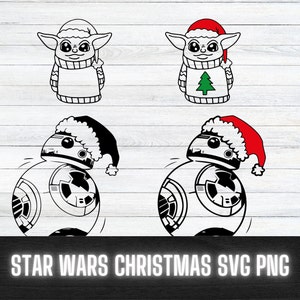 Peut inclure: Quatre illustrations en noir et blanc de personnages de Star Wars portant des chapeaux de Père Noël. Les personnages sont Baby Yoda, BB-8 et deux autres Baby Yodas. Les Baby Yodas portent des pulls avec des sapins de Noël.