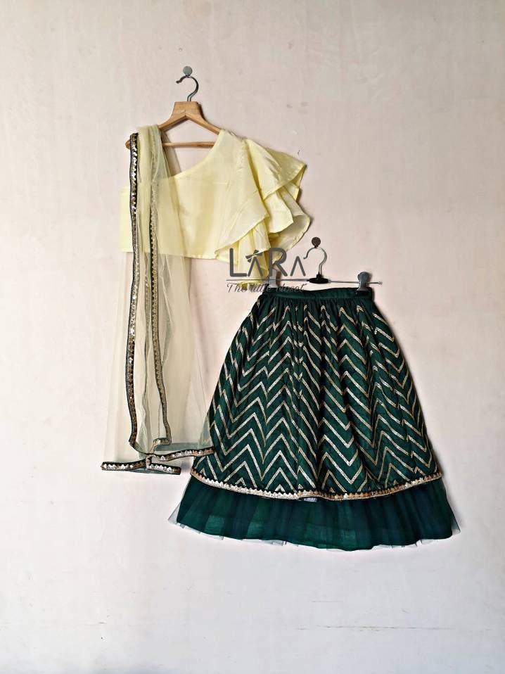 Green and yellow lehenga blouse for little girls, Indian ethnic wear, wedding wear
