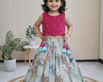 Blue pink Kids lehenga blouse, Indian wedding wear, festive wear
