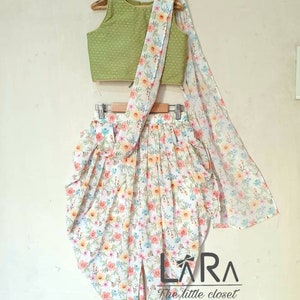 Cute green and white dhoti set for little girls