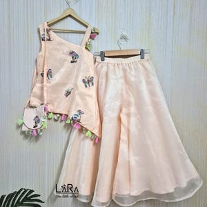 Perzikkleurige Kurti Palazzo-set voor kinderen | Vlinderontwerp | Feestelijke Indiase kleding | Indiase babykurti-sets | palazzoset voor meisjes | Trouwkleding voor kinderen afbeelding 2