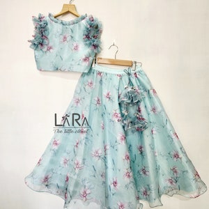 Lehanga e top floral azul-celeste para meninas, traje de casamento indiano, traje festivo