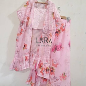 Pink floral printed plazzo crop top dress for little girls, indian wedding and festive wear