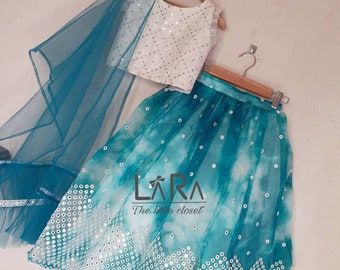 Blue white mirror work lehenga choli for little girls