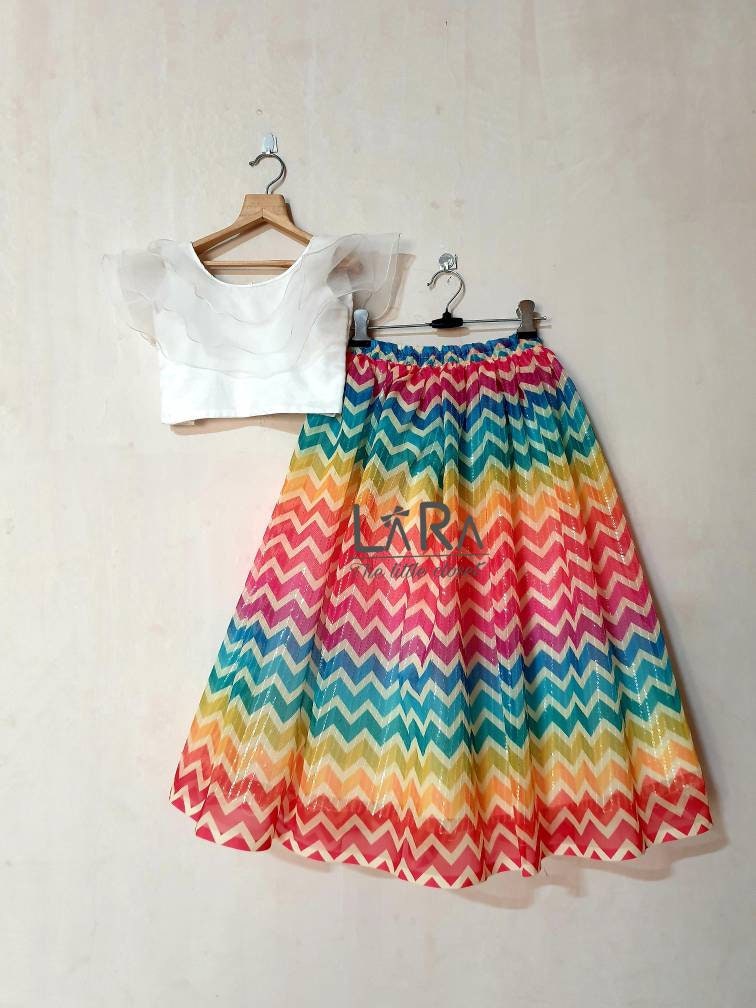 Multi colored lehenga with white ruffled crop top, Indian wedding and festive wear