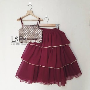 Maroon Frill Lehenga Crop Top: Indian Wedding Wear for Girls