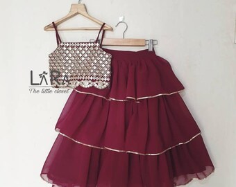 Maroon frill lehenga and crop top for little girls, Indian ethnic wear wedding wear, kids girl lehengas