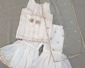 White sharara set for little girls,sharara kurti set, girls indian ethnic wear