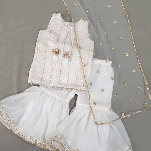 White sharara set for little girls,sharara kurti set, girls indian ethnic wear