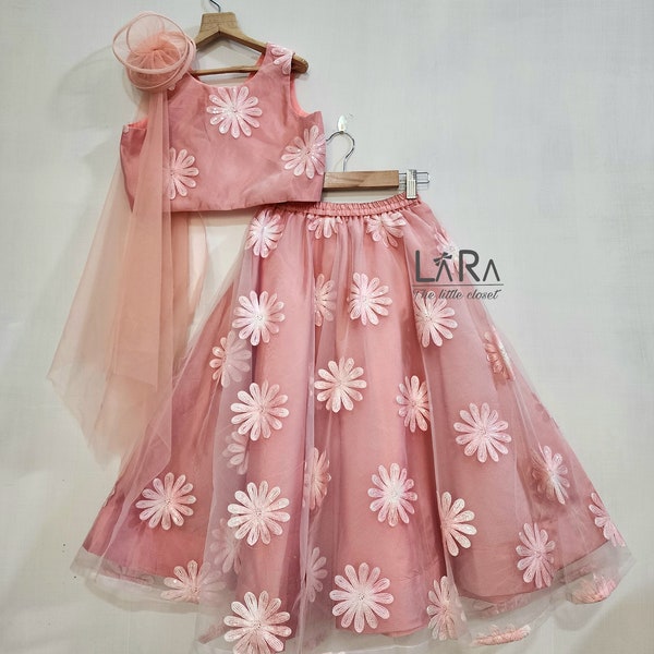 Peach floral lehanga blouse for little girls, kids lehanga,