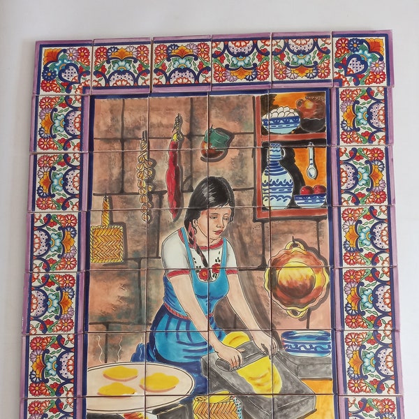 25" X 34" Ceramic Tile Mural, mexican talavera mosaic, wall backsplash, hand-painted art