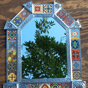 TIN MIRROR with painted tiles - 18x15 inches -  Handmade in Mexico, punched tin