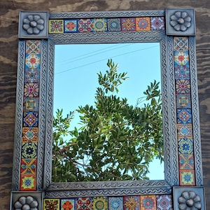 TIN MIRROR with painted tiles - 25x29 inches -  Handmade in Mexico, rectangular punched tin