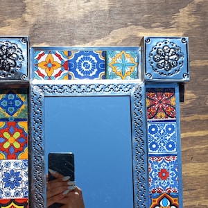Punched Tin Mirror - 13x11 inches - Handmade, handcrafted, with painted tiles