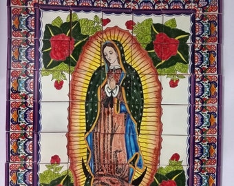 Mural de azulejos de cerámica de 38" x 30", mosaico de talavera mexicana, salpicadero de pared, arte pintado a mano