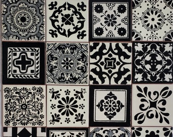 Box of 100 Black And White TALAVERA TILES 4 X 4" inch - handmade mexican clay ceramic pottery