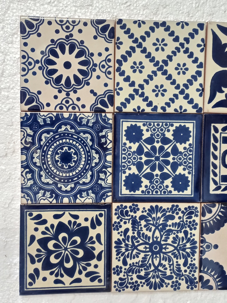 Box of 40 BLUE and WHITE assorted talavera tiles 6 X 6 inch handmade mexican clay ceramic pottery image 2