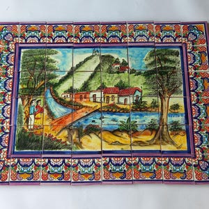 25" X 34" Ceramic Tile Mural, mexican talavera mosaic, wall backsplash, hand-painted art