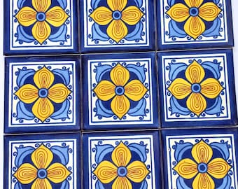 Caja de 20 AZULEJOS DE TALAVERA de 6" X 6" pulgadas - cerámica de barro mexicana hecha a mano