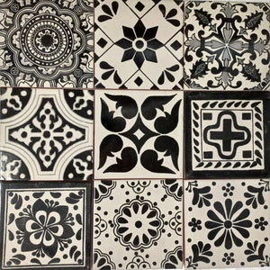 Box of 20 BLACK and WHITE assorted talavera tiles  6 X 6" inch  - handmade mexican clay ceramic pottery