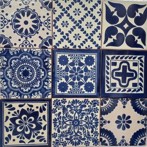 Box of 40 BLUE and WHITE assorted talavera tiles 6 X 6 inch handmade mexican clay ceramic pottery image 1