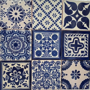 Box of 40 BLUE and WHITE assorted talavera tiles 6 X 6&quot; inch  - handmade mexican clay ceramic pottery