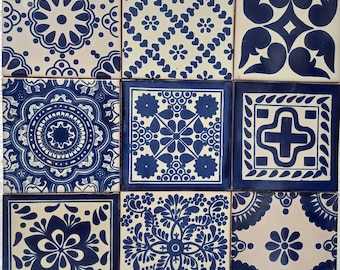 Box of 40 BLUE and WHITE assorted talavera tiles 6 X 6" inch  - handmade mexican clay ceramic pottery