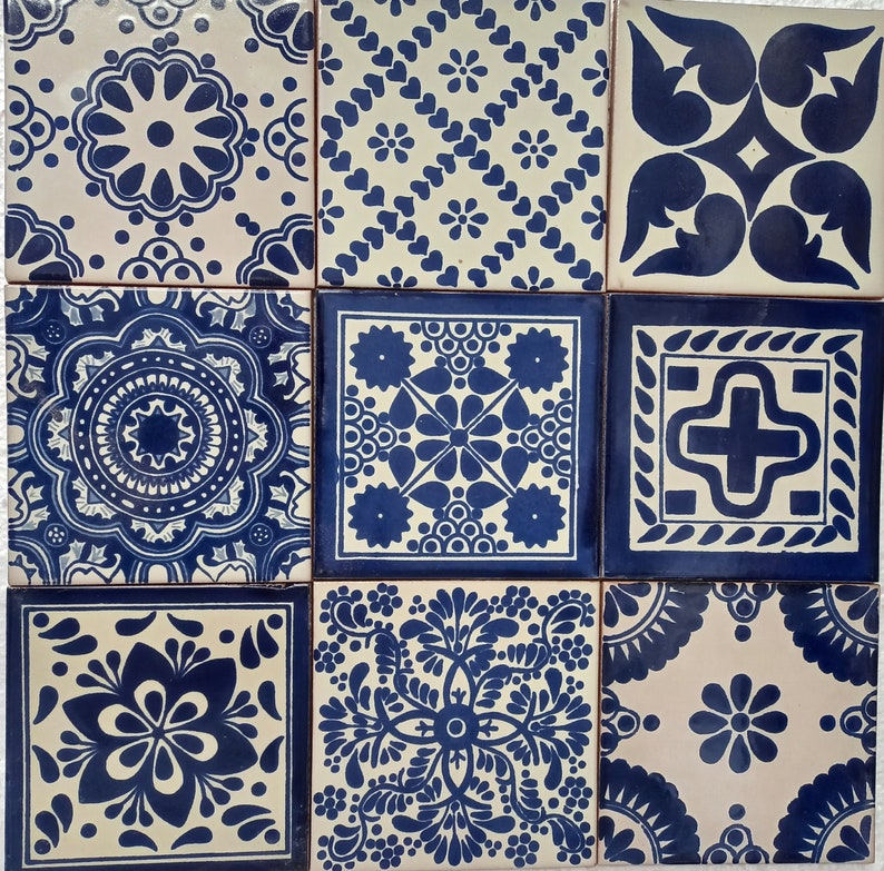 Box of 40 BLUE and WHITE assorted talavera tiles 6 X 6 inch handmade mexican clay ceramic pottery image 1