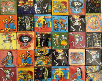100 Hand Painted Mexican Talavera Tiles 2" X 2" Tiles Folk Art Handmade clay pottery mosaic, Day of the dead