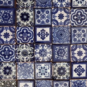 200 Hand Painted Mexican Talavera Tiles 2" X 2" Tiles Folk Art Handmade clay pottery mosaic, blue and white