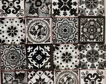 200 Hand Painted Mexican Talavera Tiles 2" X 2" Tiles Folk Art Handmade clay pottery mosaic, black and white