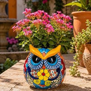 May include: A ceramic owl-shaped planter featuring a vibrant, multi-colored hand-painted pattern with yellow, blue, red, and green floral and geometric motifs. The owl has large black eyes and bright yellow eyebrows, filled with a blooming pink plant.