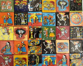 75 Hand Painted Mexican Talavera Tiles 2" X 2" Tiles Folk Art Handmade clay pottery mosaic, Day of the dead