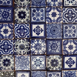 50 Hand Painted Mexican Talavera Tiles 2&quot; X 2&quot; Tiles Folk Art Handmade clay pottery mosaic, blue and white