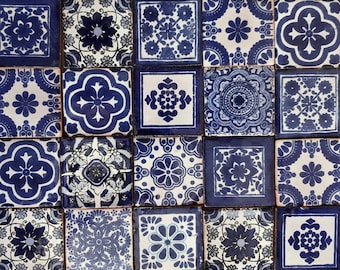 50 Hand Painted Mexican Talavera Tiles 2" X 2" Tiles Folk Art Handmade clay pottery mosaic, blue and white